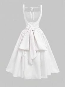 Đầm hai dây Glamful phong cách Pháp ngách, màu trơn, eo thắt, nơ sau lưng, ngọt ngào thanh lịch cho hẹn hò xuân hè - trắng - Xem 4