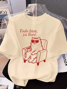 New Fashion Women's Crew Neck-Shirt Camiseta de mujer divertida y desgarradora con gato - Parte superior de cuello redondo de verano con estampado de gatito lindo apta para amantes de los gatos - Atuendo casual y eventos temáticos (lavable aáquina, )-CottonSummer-ready versatile design. - Albaricoque - Ver 1