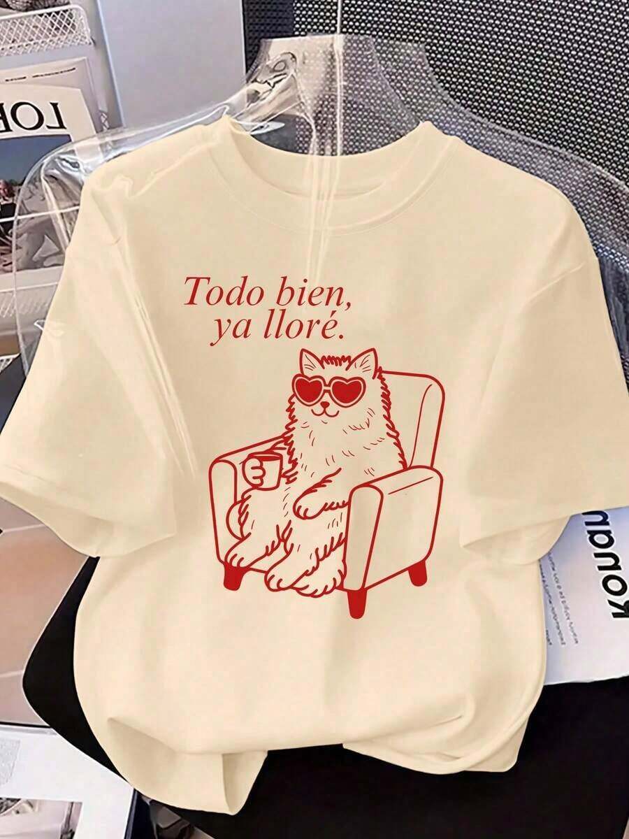 New Fashion Women's Crew Neck-Shirt Camiseta de mujer divertida y desgarradora con gato - Parte superior de cuello redondo de verano con estampado de gatito lindo apta para amantes de los gatos - Atuendo casual y eventos temáticos (lavable aáquina, )-CottonSummer-ready versatile design. - Albaricoque - Ver 1