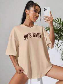 1 Piece Of Casual Fashion For Men And Women, Graphic Lettering Off-The-Shoulder Top, Graphic Blouses For Women, Unisex, Versatile, Easy To Match, For Everyday Wear, Streetwear, Vacation Wear, Weekend Wear. - 杏 - 查看 4