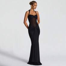 Sexy Spaghetti Strap Backless Waist Cinched High Slit Dress, Mesh Patchwork Vacation Party Dress Women's Fishtail Slim Fit Slip Dress Elegant Long Prom Dress For Spring & Summer - 黑色 - 查看 5