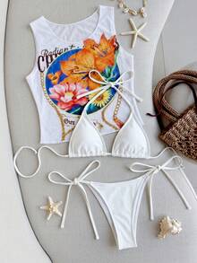 Women's Swimsuit Set, Full Body Floral & Geometric Print, Bohemian Knotted Design, Suitable For Beach, Holiday, Music Festival In Summer - Multicolor - View 3