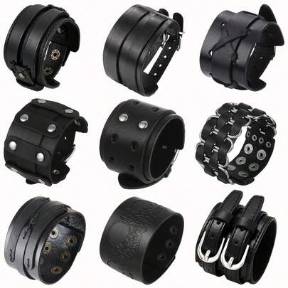 1pc Punk Rock Wide Leather Bracelet, Handmade Rivet Double-Layer Woven Wristband, Suitable For Motorcycle Rider Daily Wear, Exquisite Father's Day Gift