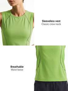 Leorrey 1pc Women's Fashion Contrast Color Round Neck Sleeveless Cover-Up, Suitable For Dance, Yoga, Pilates, Running, Fitness, Hiking, Cycling Sports - Green - View 3