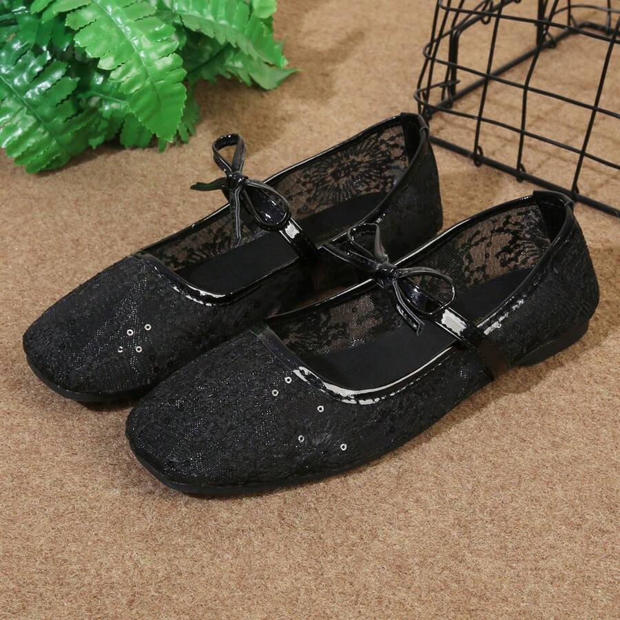 Zapatos de ballet tipo Mary Jane delicados para mujeres, nuevos zapatos de malla calada bordados con encaje para primavera/verano