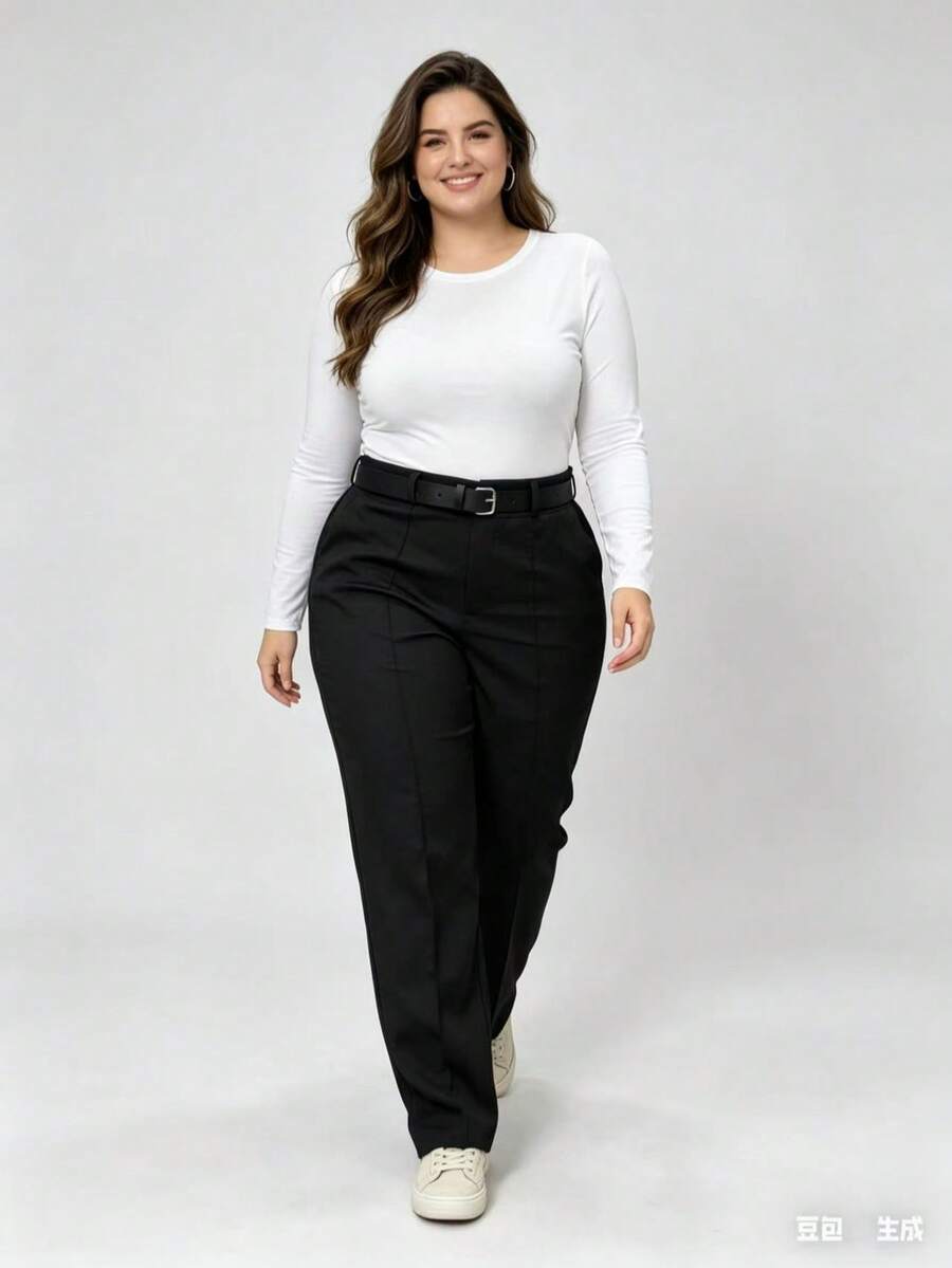 Straight Leg Plus Size Tailored Trousers 46-50 With Belt, Button And Zipper Closure 8827 - 黑色 - 查看 1