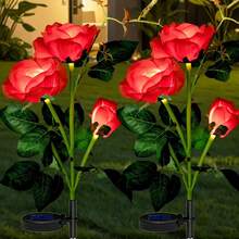 Solar Powered Realistic Rose Flower Garden Lights, 3-Head Outdoor Decorative Lights, Suitable For Christmas Garden, Yard, Patio, Path Decor, Valentine's Day, Mother's Day, Wedding Floral Theme Decoration, Solar LED Holiday Lights - White - View 2