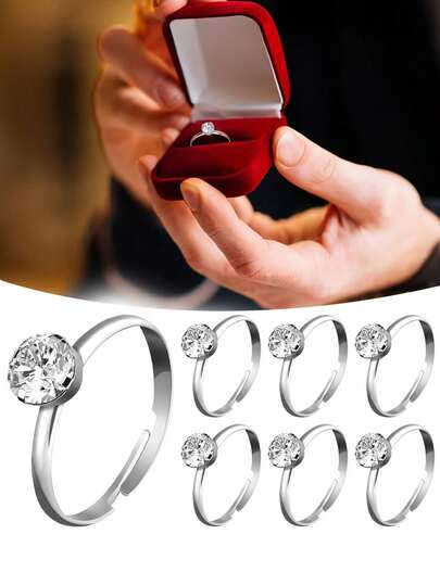 25pcs Silver Faux Diamond Engagement Rings, Bride & Bridesmaid Rings; Suitable For Wedding Table Decor, Bachelorette Party Bride Gifts, Games, Party Supplies, Cupcake Toppers