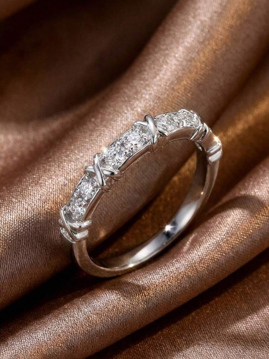 1枚奢华十字形立方氧化锆可调节戒指，银色铜质镶嵌氧化锆 - 銀色 - 查看 1