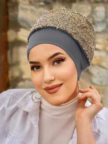 1pc Women's Sequin Headband Hat, Double-Layer Elastic Beanie, Fashionable Gold Sequin Patchwork Turban Hat - Solid Color - View 11