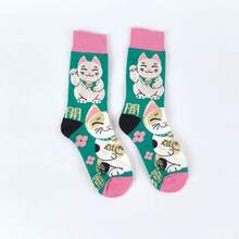 1 đôi tất dài đến bắp chân thời trang họa tiết mèo may mắn hoạt hình, phù hợp cho mọi mùa. - màu xanh lá - Xem 2