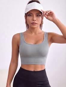 Women's High-Impact Seamless Racerback Sports Bra, Removable Padding & Wide Underband Support, U-Neck Slim Fit, Suitable For Fitness And Everyday Wear - Grey - View 3