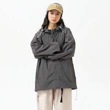 女士透气冰感连帽宽松户外薄款夹克纯色防紫外线防晒运动服 - 深灰色 - 查看 3
