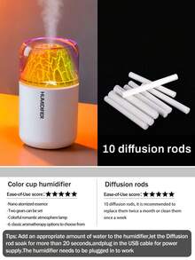 1 Volcanic Lava Humidifier 180ml, Mini USB Desktop Humidifier With Color LED Night Light, Ultra Silent Automatic Power Off, Home Car Cold Mist Humidifier, Suitable For Quiet Aromatherapy Diffuser In Home, Office, And Bedroom. - Black and White - View 14