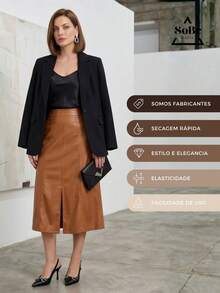 Women's Luxury High-Waisted A-Line Midi Skirt In Faux Leather - Camel - View 5
