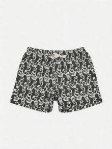 Quần short nam dài đến đầu gối, màu đen trắng, in họa tiết hoa điều, có dây rút, kiểu dáng đường phố Mỹ cổ điển. - màu đen - Xem 2