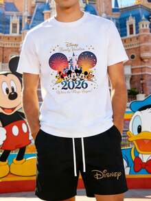 Disney 2026 Family Vacation Officially Licensed Men's 2-Piece Outfit, Castle & Fireworks Characters Print Crew Neck T-Shirt & Drawstring Shorts Casual Summer Streetwear Set For Theme Parks & Daily Wear - White - View 1