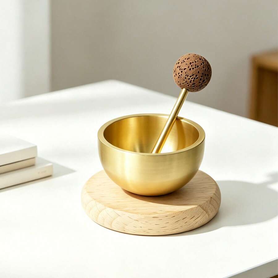 2 Juegos de Mini Cuenco Cantante Kit de Meditación, Cuenco de Latón para Sanación Sonora con Base de Madera y Mazos, Instrumento de Percusión de Mindfulness para Yoga, Meditación, Relajación y Decoración del Hogar