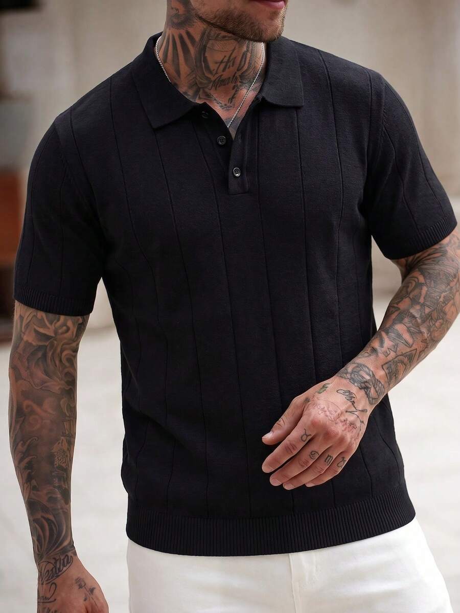 1pc Men's Solid Black Striped Polo Collar Short Sleeve Knit Sweater, New Summer Knitted Shirt With Buttons