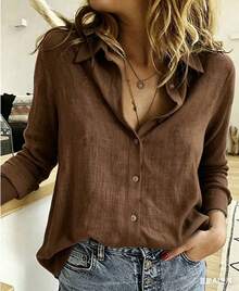 Women's Viscose Linen Shirt With Long Sleeves - 鏽棕色 - 查看 2