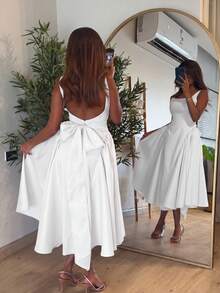 Đầm hai dây Glamful phong cách Pháp ngách, màu trơn, eo thắt, nơ sau lưng, ngọt ngào thanh lịch cho hẹn hò xuân hè - trắng - Xem 5
