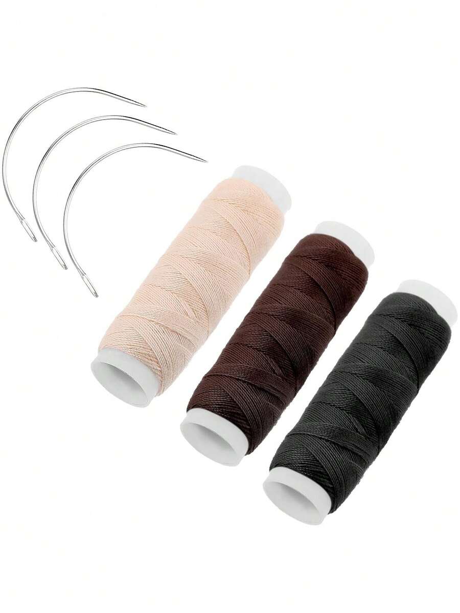 6pcs Hair Extension Sewing Kit - 3 Rolls Sewing Thread, 3 Curved Needles For DIY Hair Extension Wefts, Hair Styling Tools Set - Multicolor - View 1