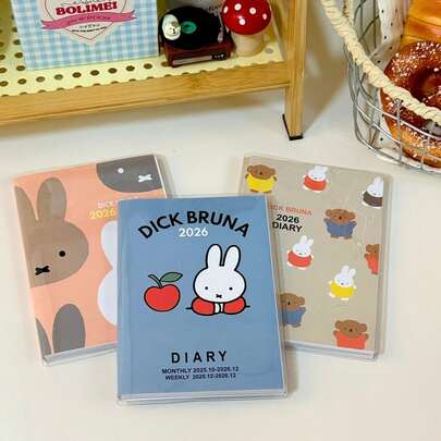 MIFFY 1本米菲兔日记计划本，可爱兔子和熊图案周计划和月计划本，封面记事本，适用于学校、办公室和个人使用，米菲兔日程日记带日历。