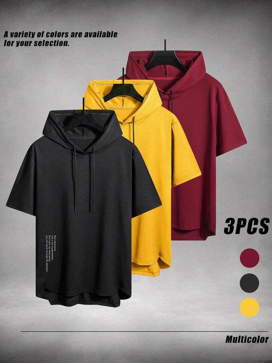 3pcs/Set Men's Letter Print Short Sleeve Hooded T-Shirt Set, Casual Loose Fit Streetwear Style For Summer Outings - Multicolor - View 1