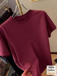 Kaos Lengan Pendek Sedang, Atasan Kasual Modis untuk Wanita di Musim Panas - Burgundy - View 2