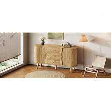 Pea-Shaped Dining Room Cabinet Decorated With A Grooved Design, Featuring Two Sliding Doors And Three Drawers, Adjustable Compartment Height, Solid Wood Cabinet Legs, Wood-Look Finish, Made Of MDF, Modern Nordic Style - Khaki - View 2