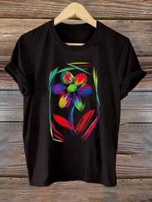 Women's Black T-Shirt With Vibrant Multicolor Floral Print, Short Sleeve, Round Neck - Machine Washable, Casual Blouse Suitable For Spring And Summer Outfits, Casual Wear And Layering, Non-Woven-X - White - View 4