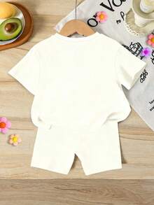 2pcs/Set Young Girls Summer Outfit, Cute Cartoon Print Loose Round Neck Short Sleeve T-Shirt And Shorts, Casual Style Suitable For Spring/Summer, Beach, Weekend Activities, Adorable Summer Set - Apricot - View 2