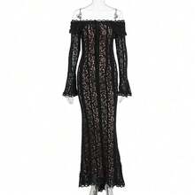 Vestido largo de encaje francés de otoño con hombros descubiertos y mangas de campana elegante y moderno para mujer - Negro con rib - Ver 6