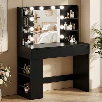 Devoko Large Dressing Table With Adjustable LED Lighting, Mirrored Dressing Table, With 7 Drawers, 4 Open Shelves And 2 Power Outlets, Suitable For Bedrooms, White