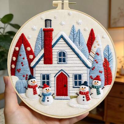 Ice Castle / Christmas Snowman House Embroidery Kit, Beginner Friendly, Desktop Decor / Wall Decoration Handmade Embroidery Set