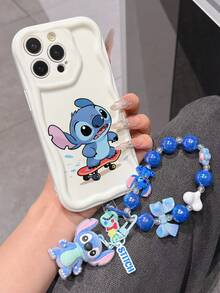 Disney Has Authorized, Phone Case - Chain Set, The Stitch Lilo & Stitch Phone Case Plus A Silicone 3D Or Fluffy Style Stitch Bracelet With Metallic Ring Removable Bracelet, Stitch And Angel Pattern, Compatible With Iphone 17/16/15/14/13/12/11/XS/XR/X Plus Pro Max, Wavy Design Phone Case For Girl, A Stylish Cartoon Summer Phone Case, The Perfect Gift Choice, Phone Protection, Durable Phone Cover, Great Gift For Friends And Family - 白色款式B - 查看 3