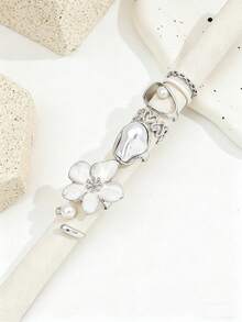 6 chiếc nhẫn ngọc trai hình hoa lớn, tráng men trơn, kiểu dáng Baroque, màu bạc cổ điển, phong cách Pháp dành cho nữ. - Bạc - Xem 3
