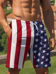 Casual Shorts Featuring An American Flag Print - With A Drawstring Waist, Made Of Lightweight Polyester, Perfect For Comfortable Outdoor Activities In Summer Free Shipping - 彩色 - 查看 2