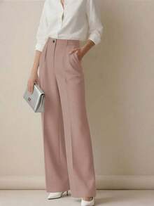 Pantalones holgados de cintura alta con pliegues, aptos para el trabajo y el uso casual, negro para primavera/verano - Rojo ladrillo - Ver 4