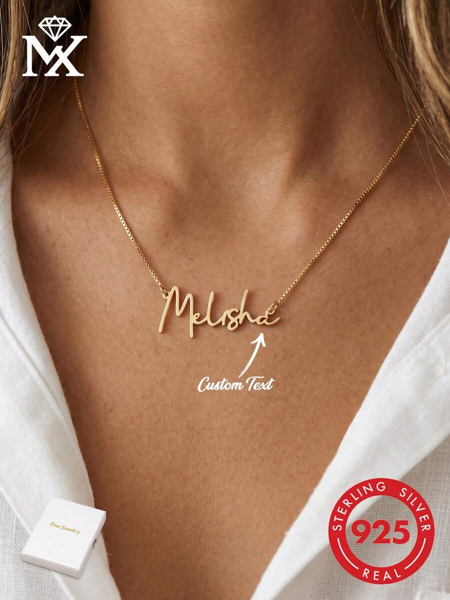 925 Sterling Silver Customized Name Necklace, Box Chain, Delicate And Compact, Can Be Engraved With Name, Personalized Name Necklace, Gift For Her, Mother's Day Gift - Yellow Gold - View 1