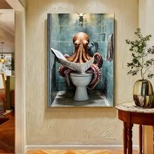 Con marco 1 Pintura Única en Lienzo - Pulpo Caprichoso leyendo el periódico en el baño Arte, Marco de Maciza para Decoración de Pared, Listo para Colgar Arte Humorístico para Baño, Sala de Estar y Decoración de Fiestas Navideñas, Decoración de Baño con Pulpos, Plano 2D, Perfecto para la Decoración del Cuarto - Enmarcado - Ver 3