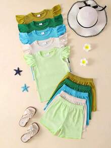 Conjunto de 10 piezas de top de punto color liso y shorts a juego color liso para niñas, para primavera/verano - Multicolor - Ver 1