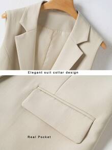 Women's Solid Color Sleeveless Vest Jacket, Elegant Lapel Spring/Autumn Fashion Style - Apricot - View 3