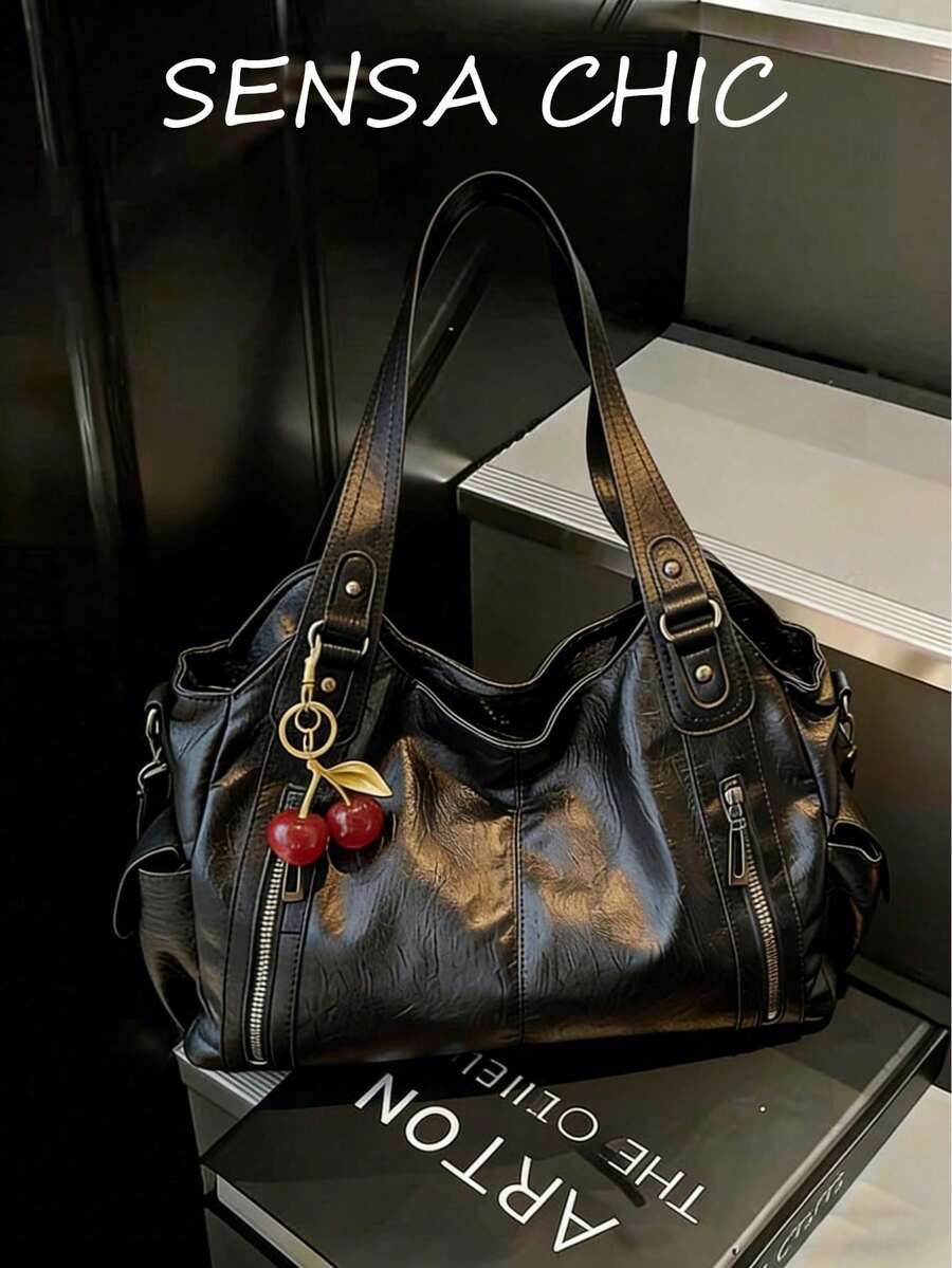 经典多功能通勤纯色大容量复古PU皮革单肩包手提包钱包,拉链封口,专为女性设计,适合购物、旅行、外出等各种场合。 - 黑色 - 查看 1