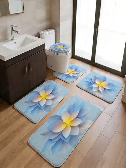 3/5 Piece Set Blue Lotus Zen Style Bathroom Mat Combo, Healing Floral Carpets, Soft Absorbent Non-Slip Durable Bathroom Accessories - Flannel + Memory Foam + Quick Dry Polyester Bathroom Mats - Machine Washable Mildew Resistant Bathroom Supplies, Non-Slip Bathroom Accessories - Includes Toilet Seat Cover, U-Shaped Toilet Mat, Bathroom Door Mat, Vanity Mat, Oversized Bathtub Mat - Ideal For Spring, Home Bathroom, Living Room, Bedroom, Kitchen, Laundry Room - Quick Dry Floor Rugs, Back To School Essential, Housewarming Gift, Mother''s Day Gift