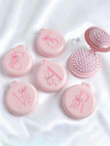 1pc Pink Bow 26 Letters Round Folding Comb With Mirror, Portable Compact 2-In-1 Makeup Mirror Comb, Women's Mini Foldable Cushion Massage Comb, Suitable For Wedding, Office, Business Trip, Performance, Back To School, Travel Essential - Multicolor - View 7