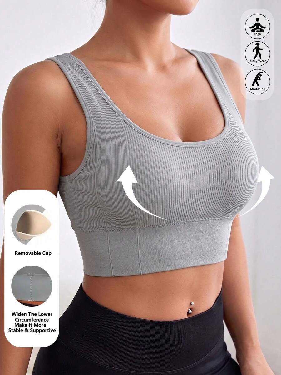 Women's High-Impact Seamless Racerback Sports Bra, Removable Padding & Wide Underband Support, U-Neck Slim Fit, Suitable For Fitness And Everyday Wear - Grey - View 1