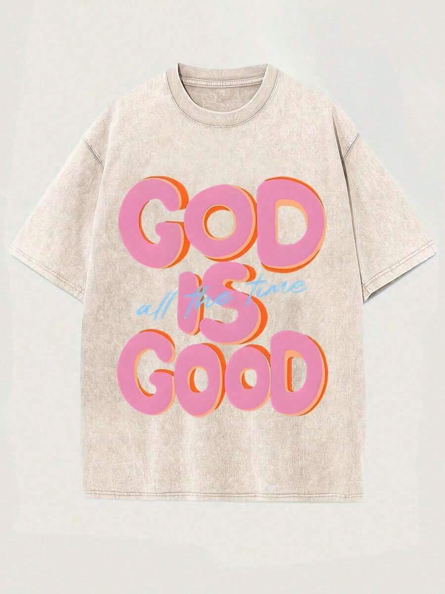 Summer TopsMen Shirts Graphic Tee Cotton T Shirt, 100 Percent Cotton Tops Streetwear Y2K, Shirts Summer Fits Summer Clothes, 230G Washed Soft Knitted Loose Fit GOD IS GOOD All The Time Print T ShirtsLoose And Comfortablesummer Clothes - Màu be - Xem 1