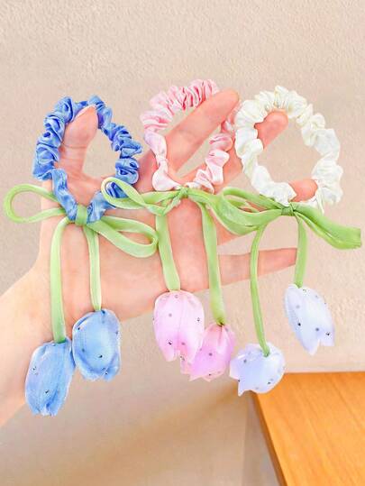 3pcs/Set Tulip Hoop Earrings - Suitable For Girls And Women, Sweet Tulip Paired With Matching Color Hoops, Equipped With Soft Filter, Available In Gentle White, Pink And Blue Tones, Easily Adds A Sweet Atmosphere - Suitable For Ladies, Whether For Daily Outings, Dates, Photoshoots Or Attending Various Fresh-Style Events, It Can Be Easily Matched