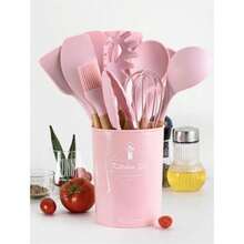 12pcs Silicone Cooking Utensil Set, Simple Wooden Handle Multi-Purpose Kitchen Gadget Tool Set For Kitchen - Random - View 9